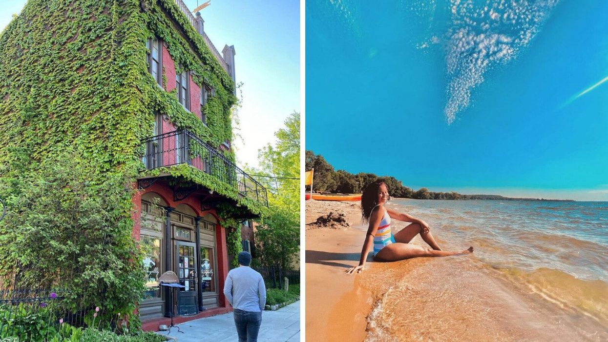 A building covered in vines. Right: A person sitting on a beach.