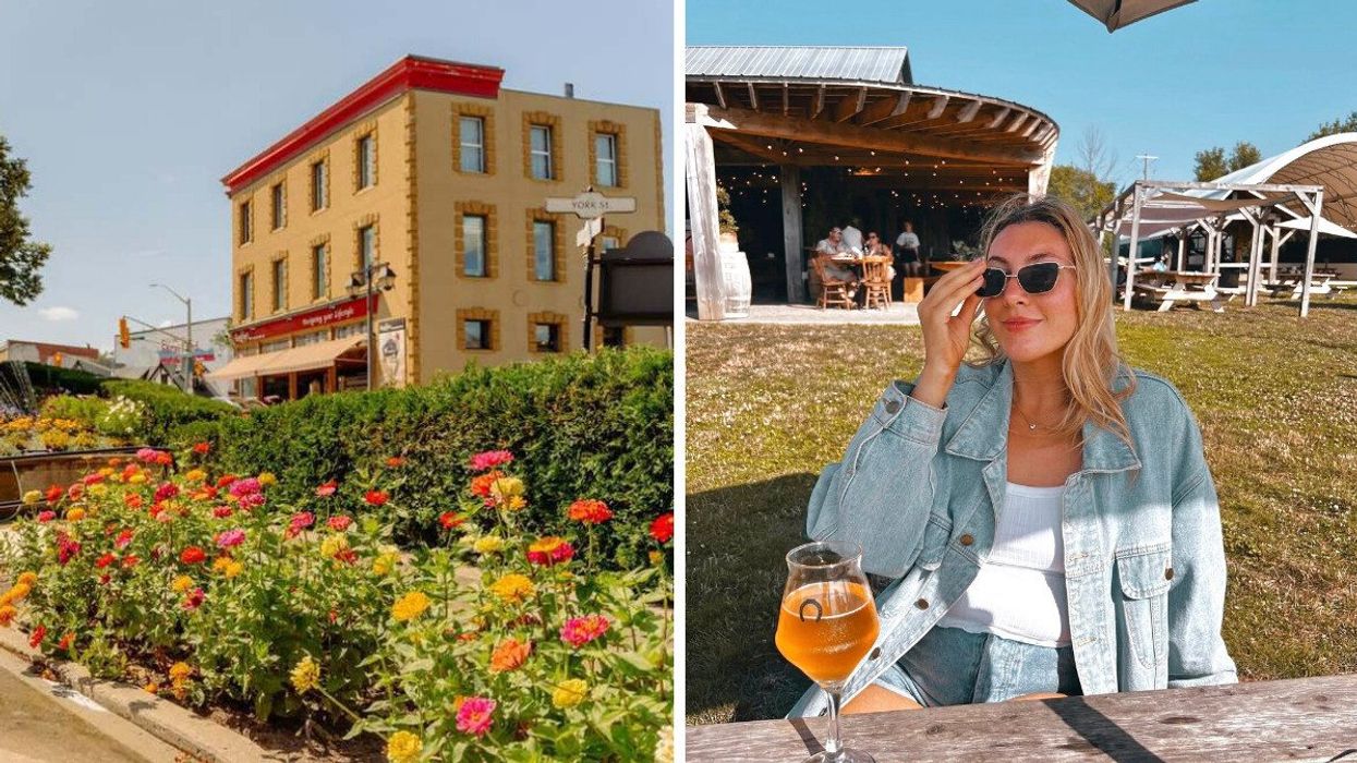 A building surrounded by flowers. Right: A person sitting on a patio.