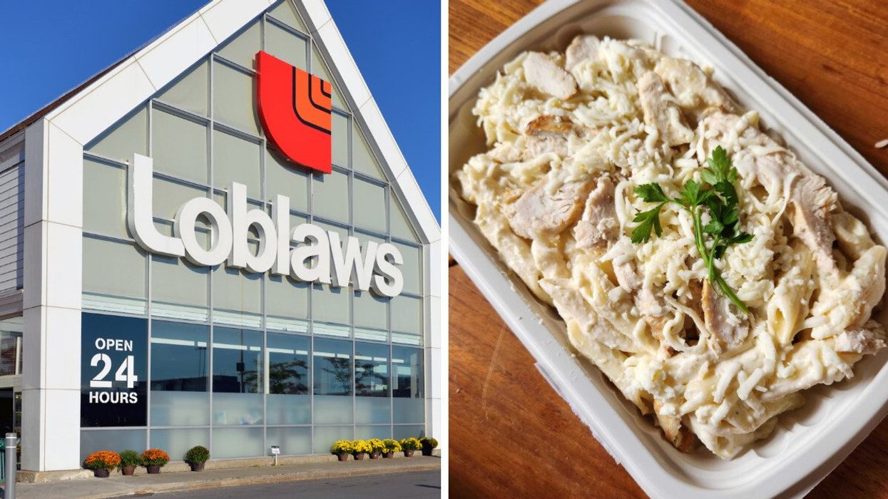 A building with beige tiles and an orange insignia. Right: A white take out container with cheese, pasta, chicken and a sprig of parsely.