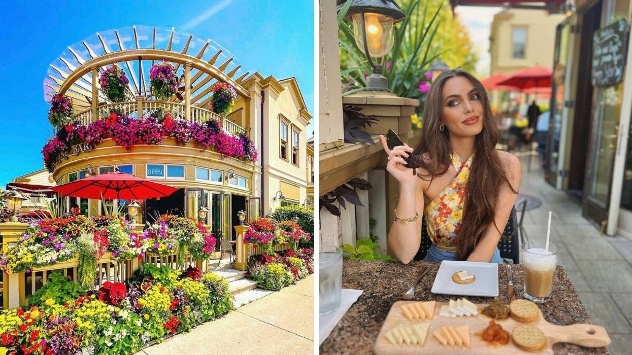 A building with flowers. Right: A person sitting on a patio.