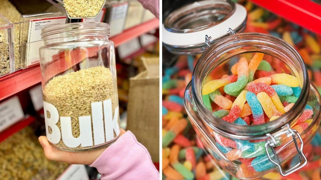 A Bulk Barn container filled with grains. Right: Candy worms in a glass jar.