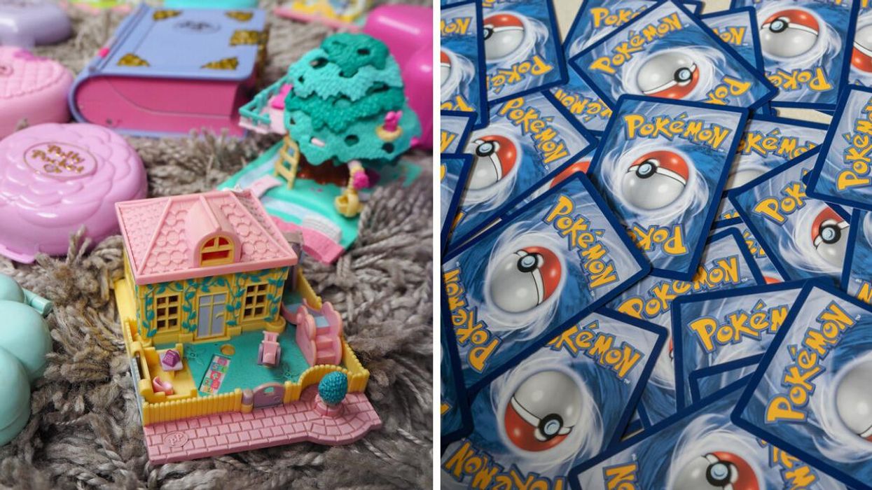 A bunch of Polly Pockets. Right: A pile of Pokemon cards.