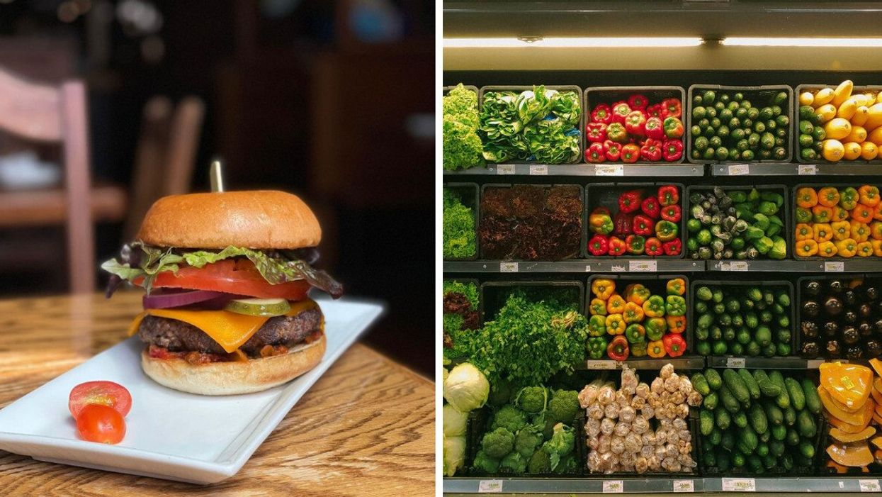 A burger from Ferris' Grill and Garden Patio. Right: Produce at a grocery store.