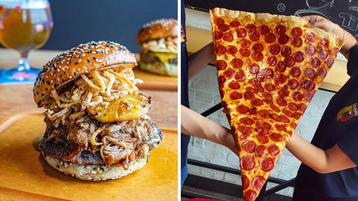 A burger from HAMBRGR. Right: A pepperoni pizza from La Manna's.