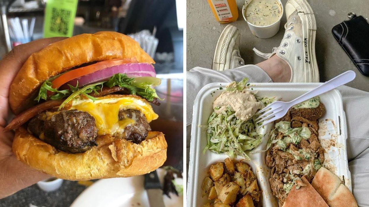 A burger from Thumbs Up Diner. Right: A meal from Aviva By Kameel Mediterranean.