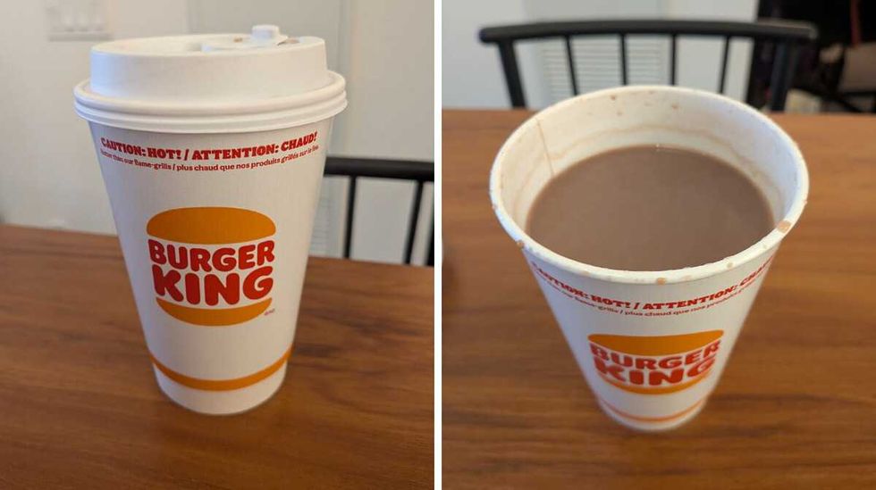A Burger King hot chocolate cup. Right: A Burger King hot chocolate without the lid.