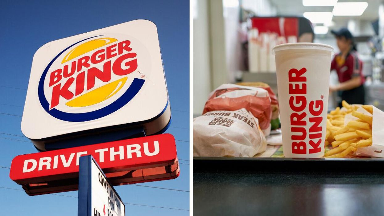 A Burger King sign. Right: Food from Burger King.