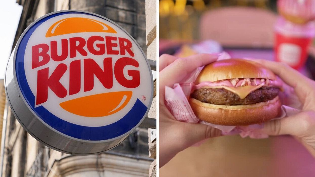 A Burger King sign. Right: The Pink Burger from Burger King.