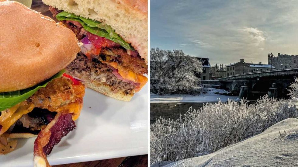 A burger on a plate, cut in half. Right: A snowy Canadian scene.