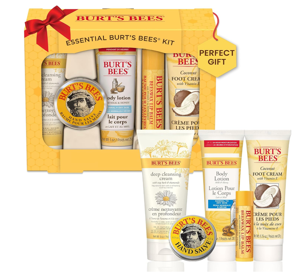 A Burt's Bees kit with body lotion, foot cream, lip balm, hand salve and deep cleansing cream.