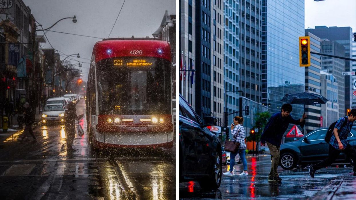 A bus on a stormy road in Toronto. Right: People in the rain on a road in Montreal.