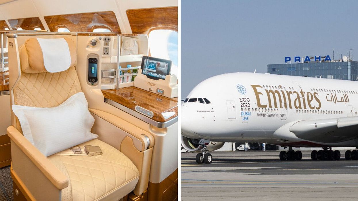 A business class seat on an Emirates flight. Right: An Emirates plane.