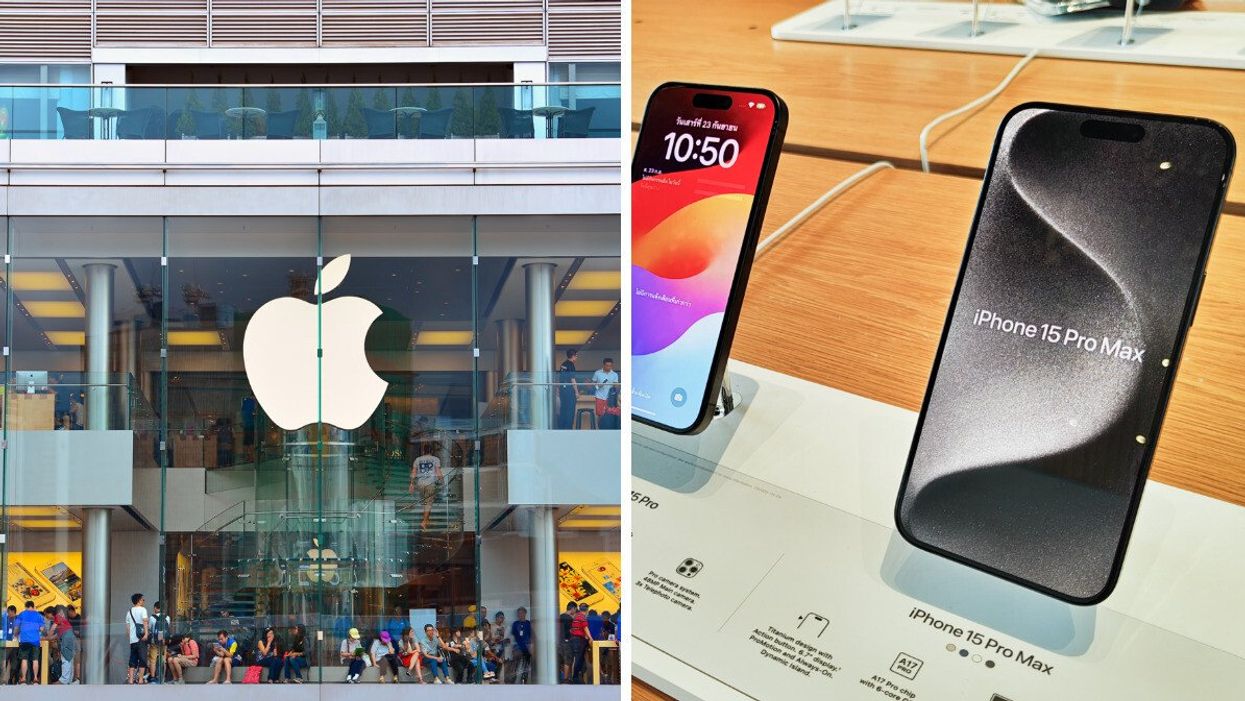 A busy Apple Store. Right: The new iPhone 15 Pro Max.