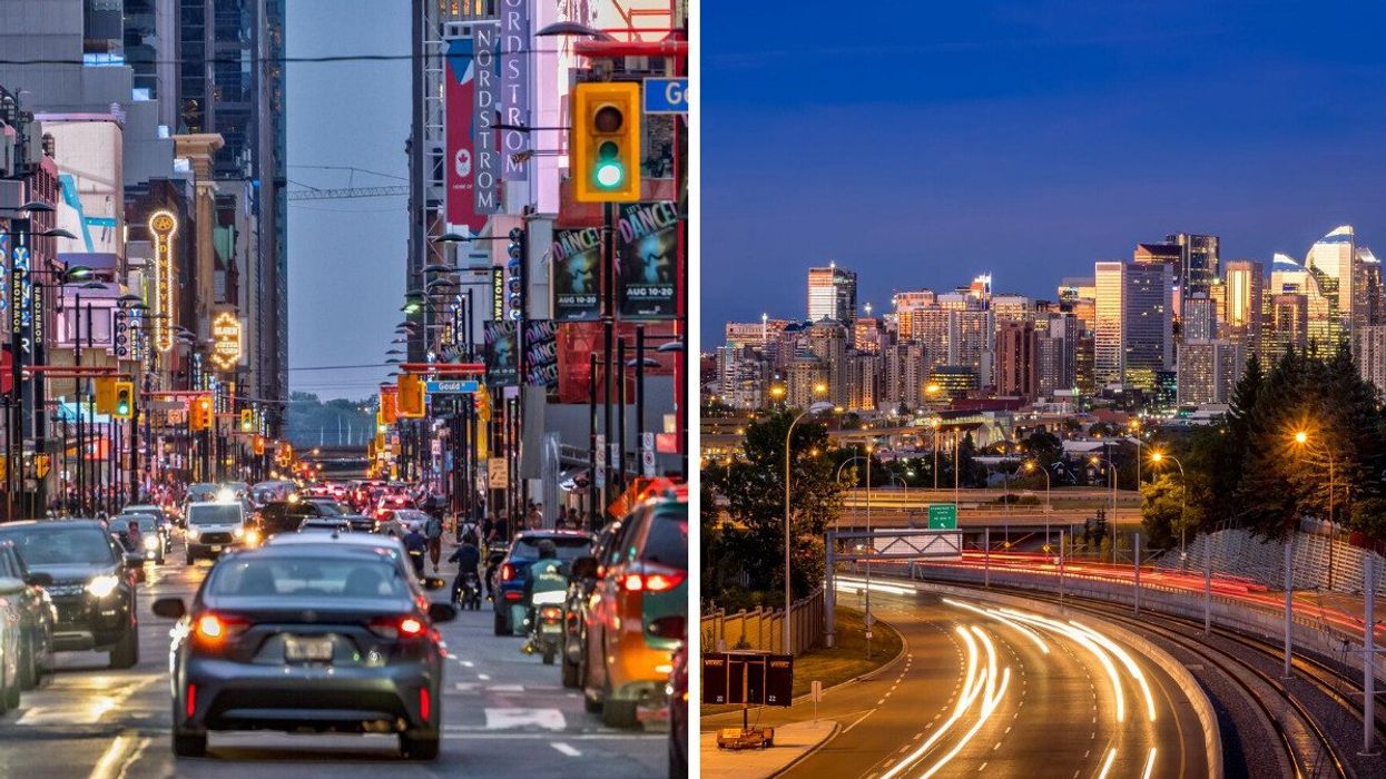 A busy city street around dusk. Right: A city skyline at night.