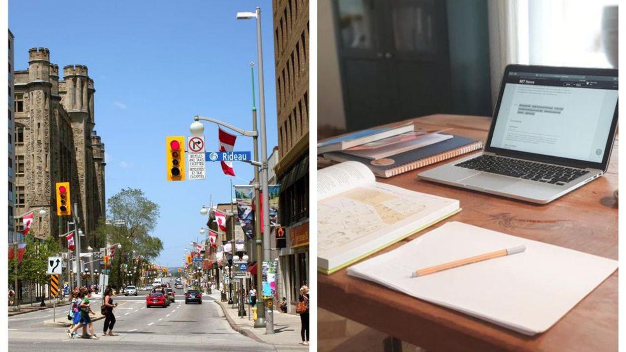A busy day in Ottawa. Right: A work from home setup.