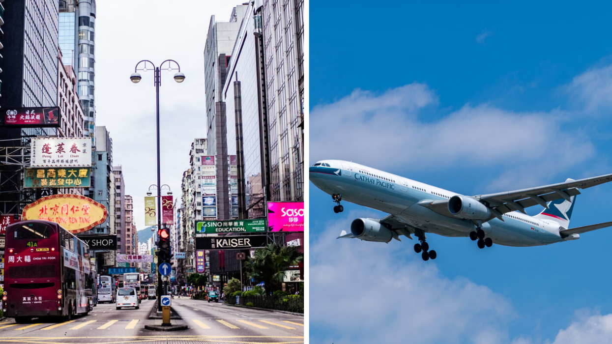 A busy street in Hong Kong. Right: A Cathay Pacific flight.