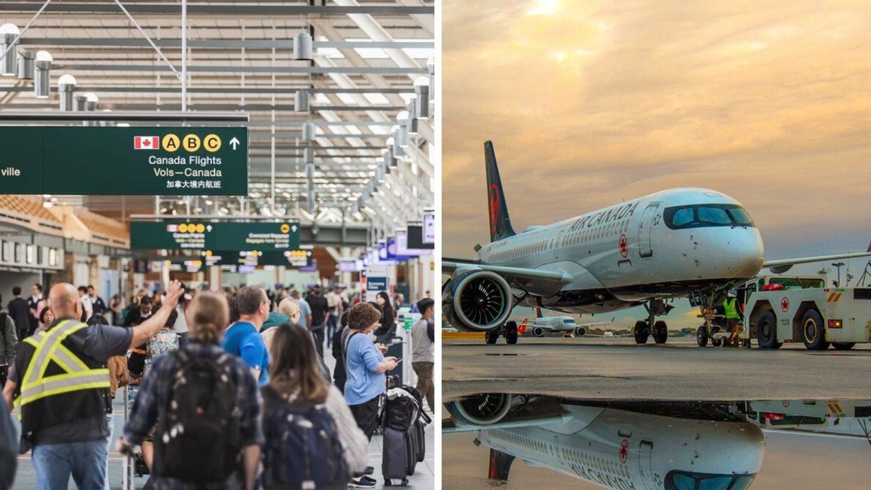 A busy Vancouver Airport. Right: An Air Canada plane prepares to take off.
