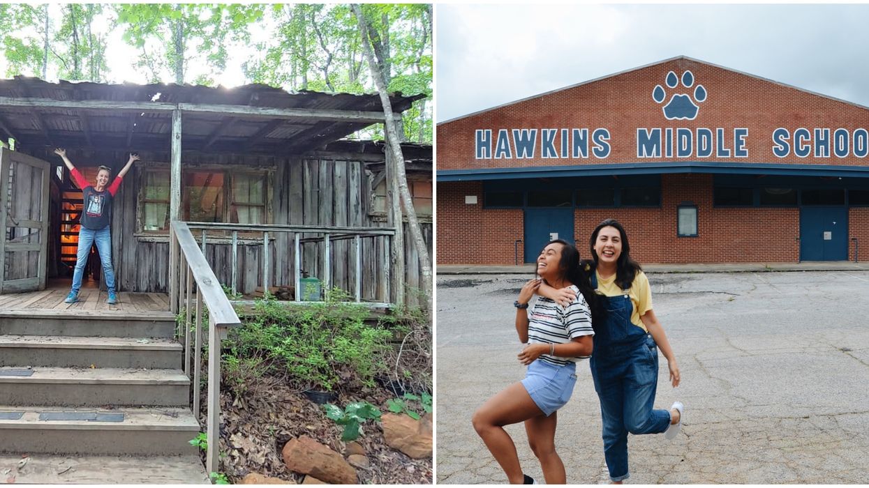 A cabin at Sleepy Hollow Christmas Tree Farm. Right: Women posing in front of Hawkins Middle School. 