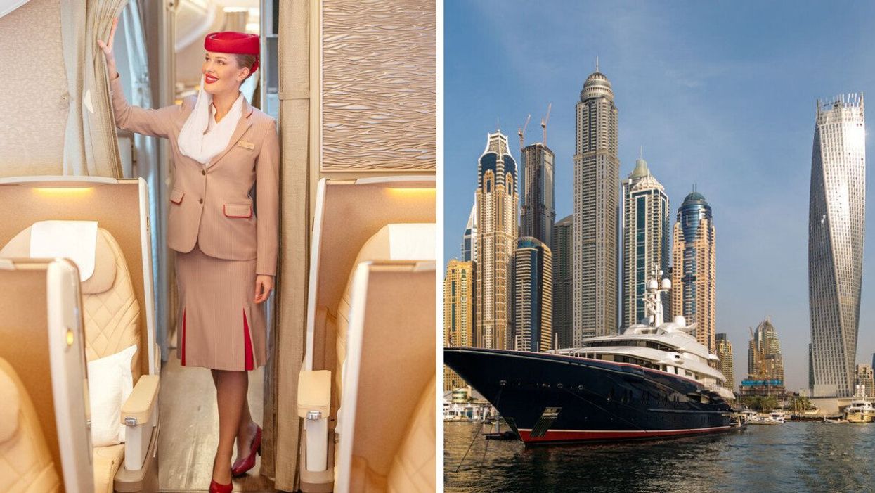 A cabin crew member. Right: the city of Dubai.