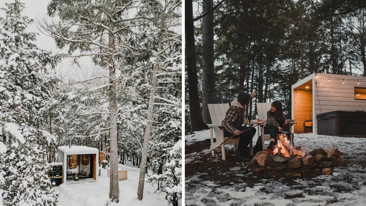 A cabin in a snow forest. Right: A couple sitting by an outdoor fire.