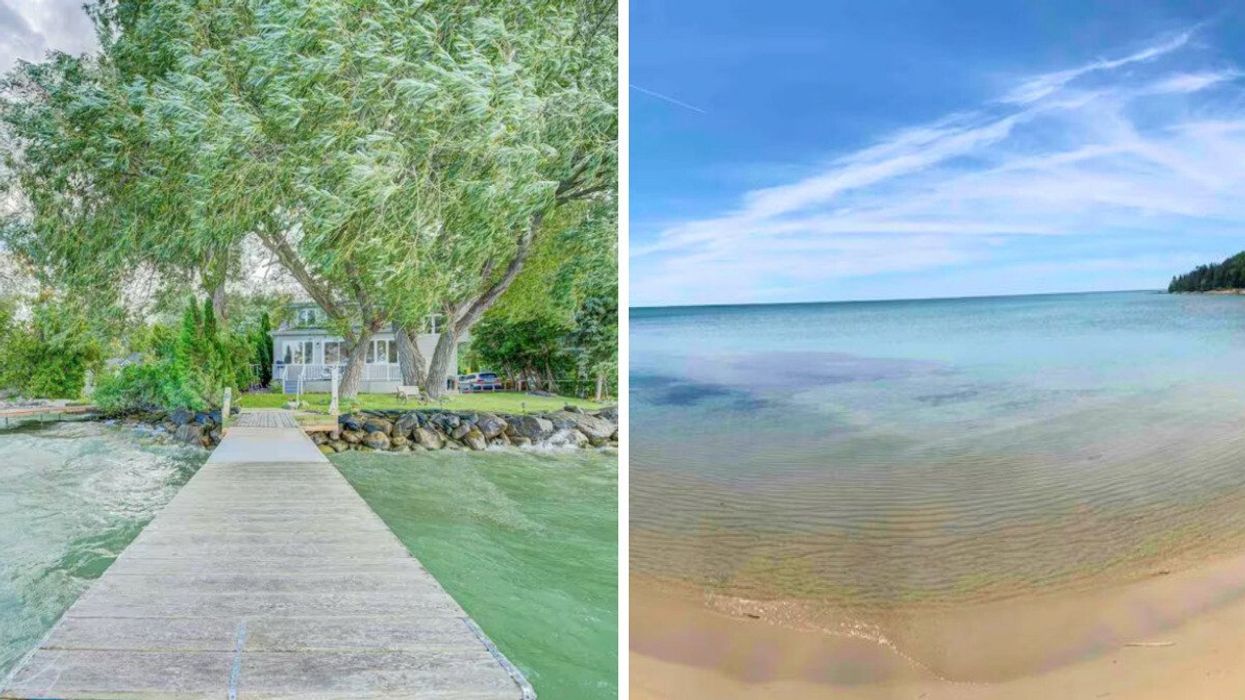 A cabin on the water. Right: A beach with blue water.