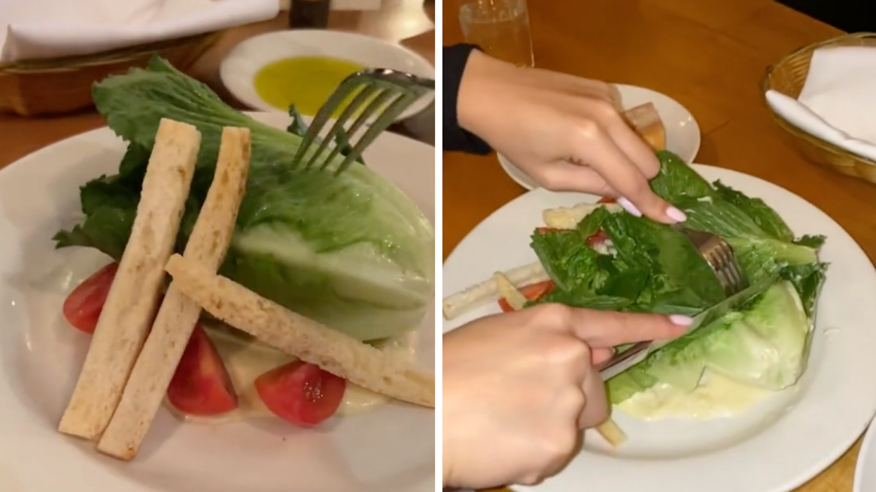 A caesar salad from Basta Pasta in New York. Right: A person cutting up the salad from Basta Pasta.