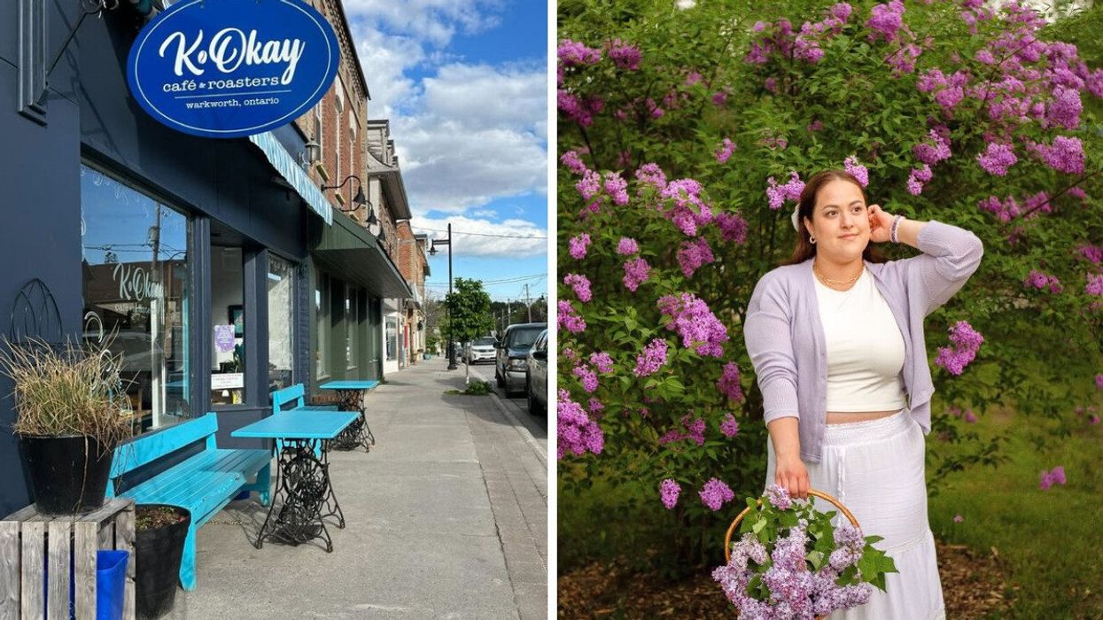 A cafe in a small town. Right: A person standing by a lilac bush.