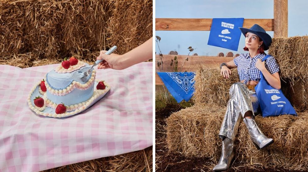 A cake shaped like a cowboy hat. Right: A person sit on hay bales with #MilkUPCowntyFair swag. 