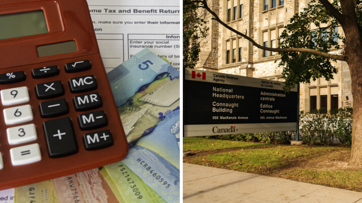 A calculator and tax forms on a table. Right: The Canada Revenue Agency headquarters in Ottawa.