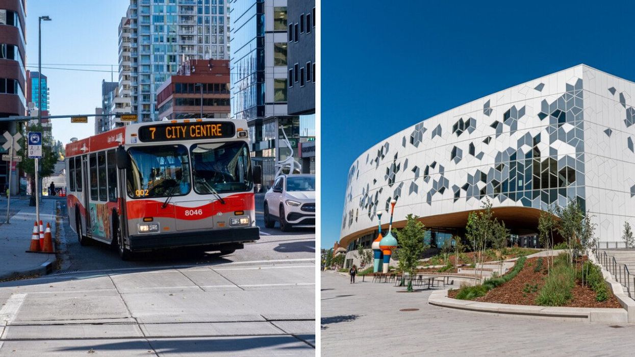 A Calgary bus. Right: The shooting took place on a bus near Calgary Central Library.