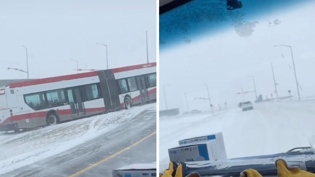 A Calgary bus that came off the road. Right: Roads covered in snow.