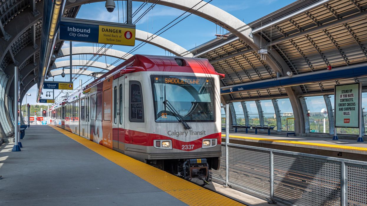 A Calgary C-Train at a station.