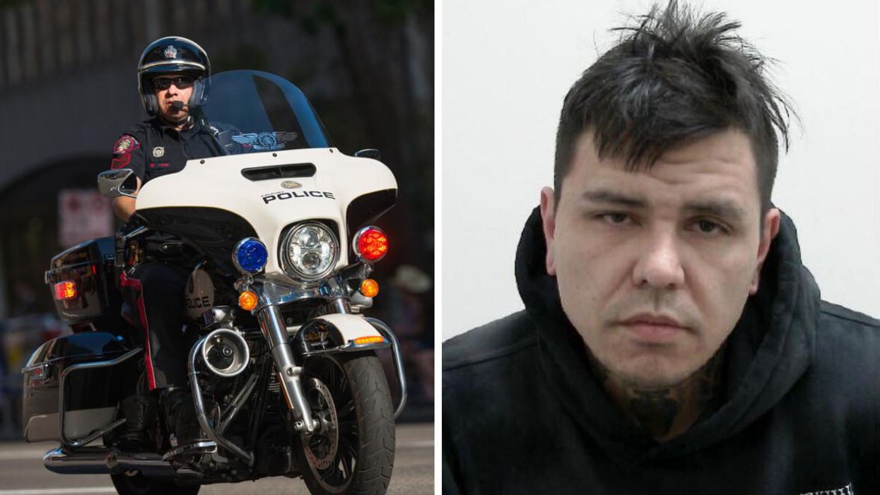 A Calgary Police Officer on a police motorcycle. Right: The suspect Gerald Russell Frommelt.