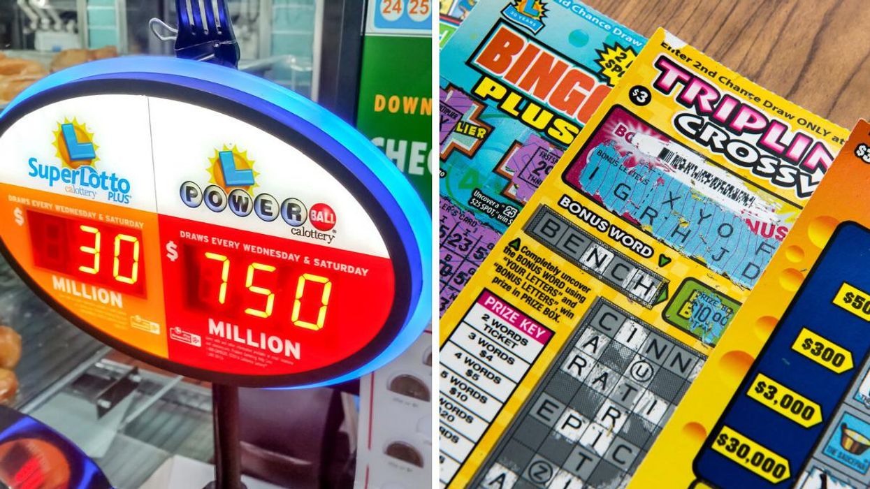 A California Lottery display. Right: Scratch tickets.