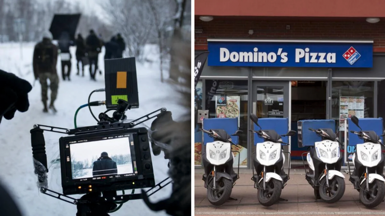 A camera on a film set. Right: Delivery bikes outside a Domino's Pizza restaurant.