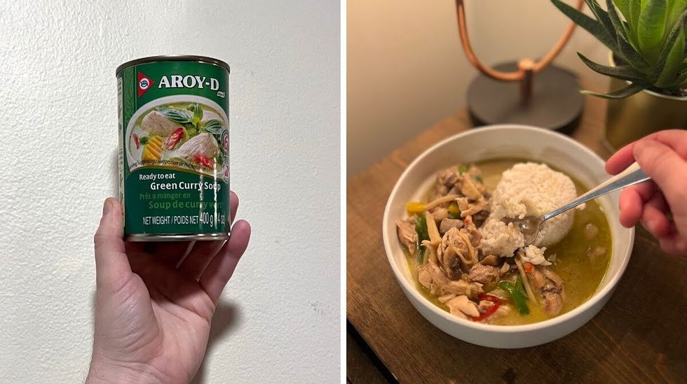 A can of Aroy-D Green Curry Soup. Right: A bowl of Thai green curry with chicken and rice.