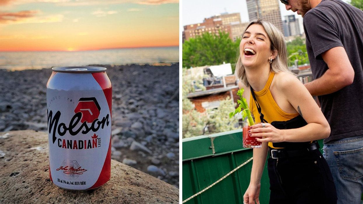 A can of Molson Canadian beer. Right: Someone drinking a caesar.