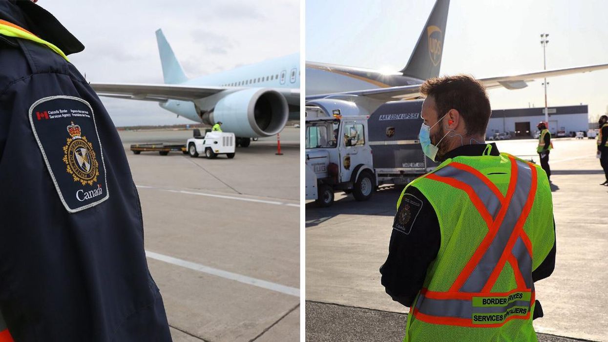 A Canada Border Services Agency (CBSA) employees watching a plane. Right: A CBSA employee with a mask on in front of a truck and a plane.