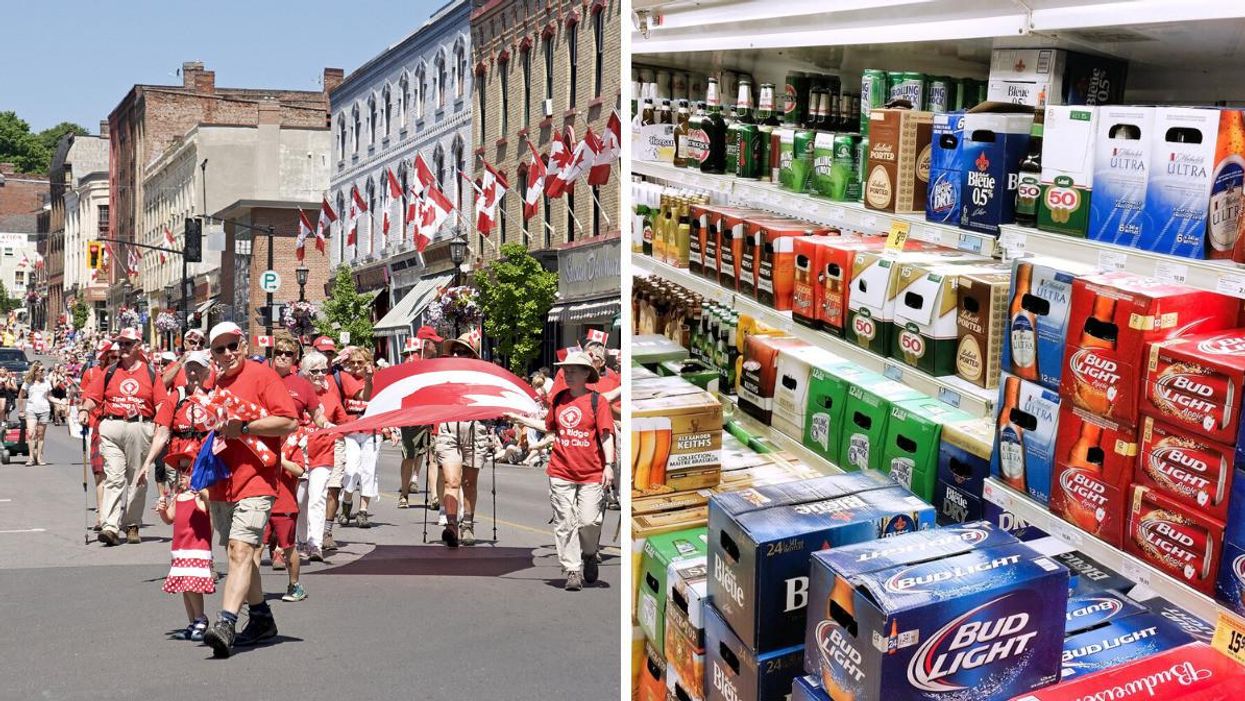 A Canada Day parade. Right: A store full of "two-fours."