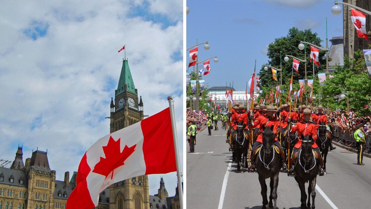 A Canada flag blows in the wind in front of Parliament Hill. Right: The RCMP riding on Canada Day.