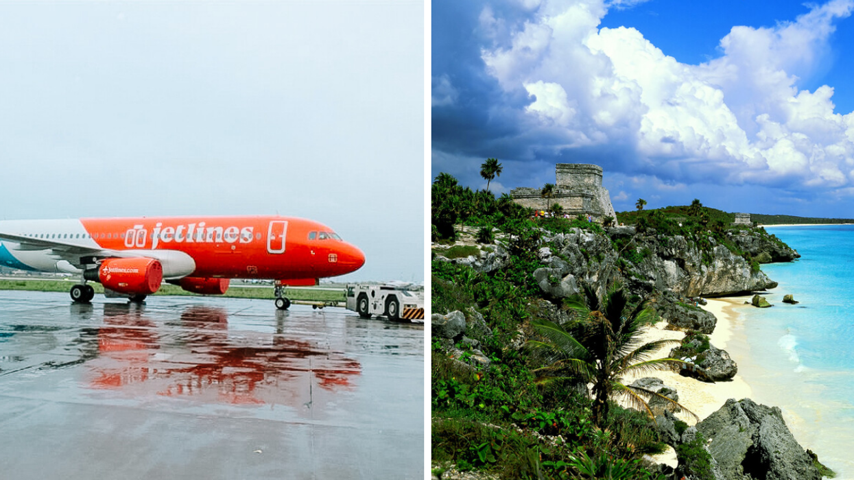 A Canada Jetlines airplane, Right: An illustrative photo of a travel spot in Mexico.