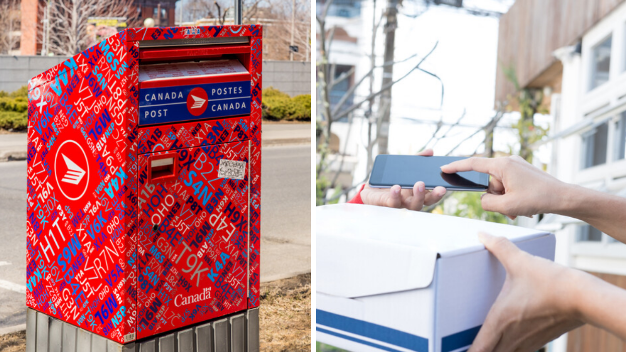 A Canada Post mailbox. Right: A package being delivered.