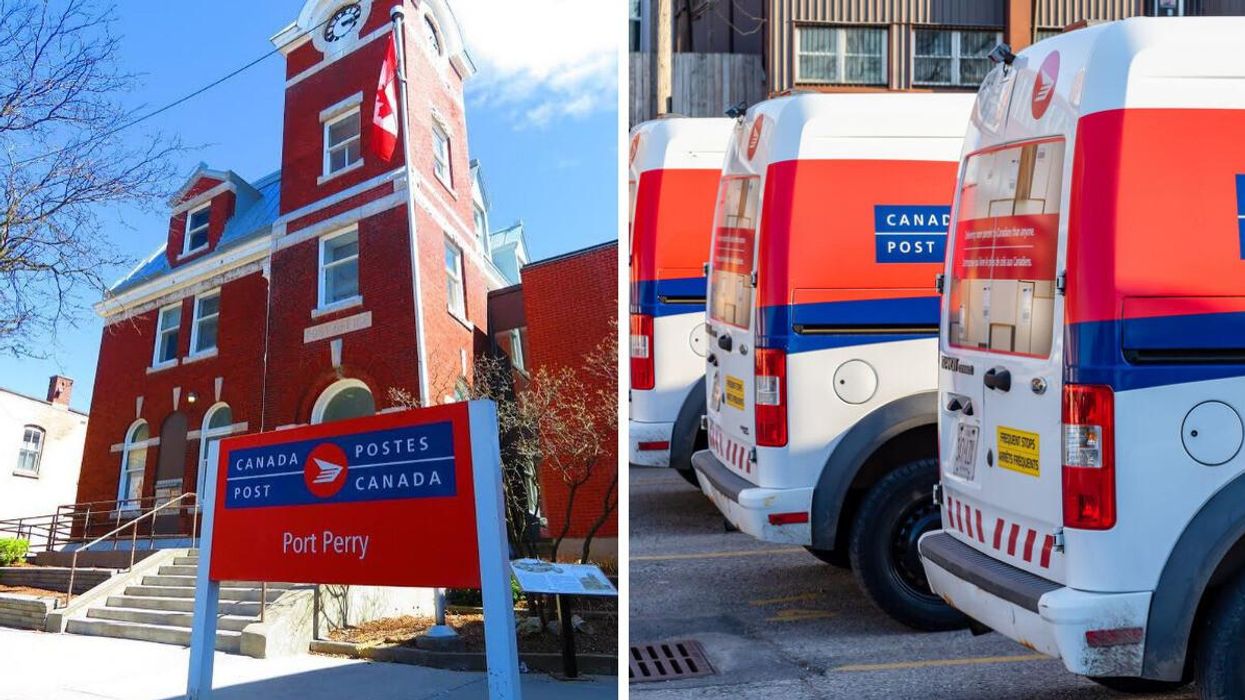 A Canada Post office in Ontario. Right: Canada Post trucks.