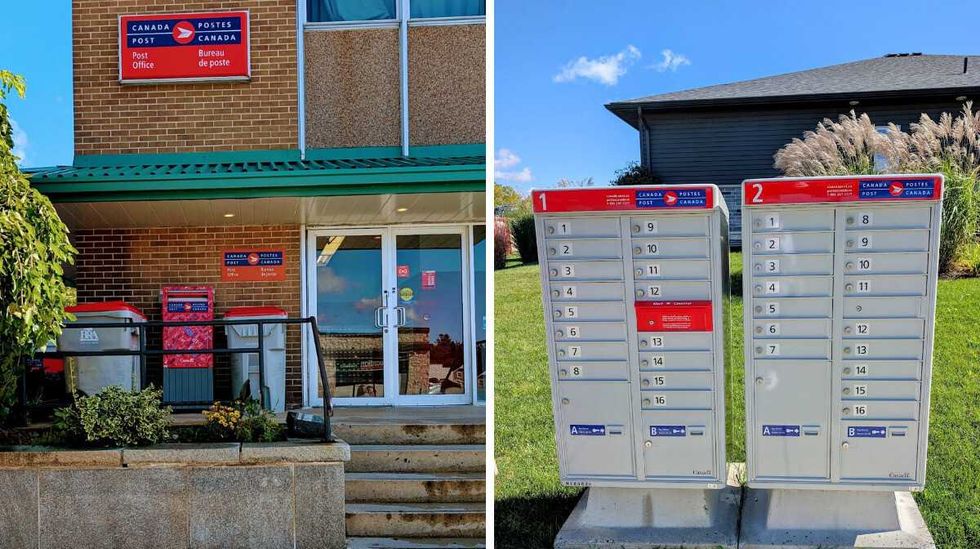 A Canada Post office. Right: Community mailboxes in Ontario.