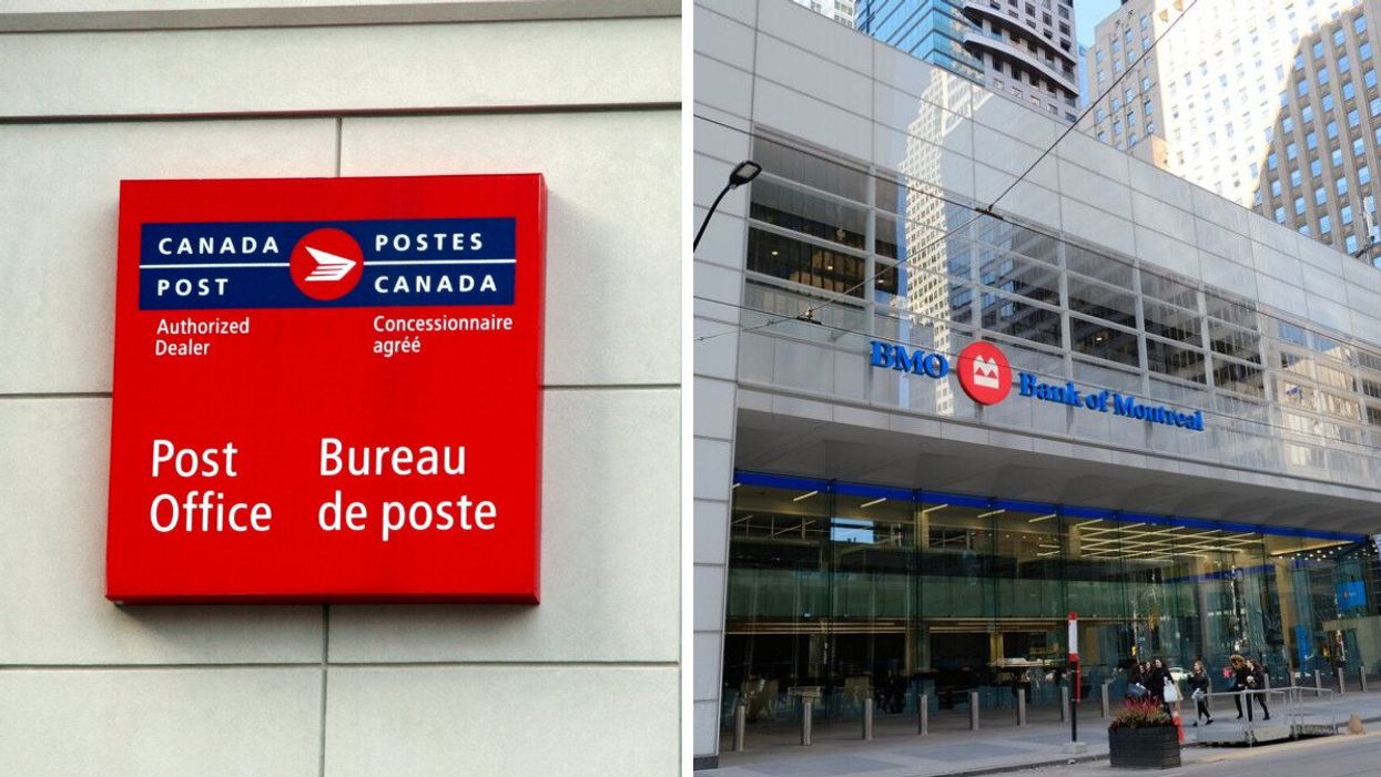 A Canada Post office sign. Right: A Bank of Montreal building.