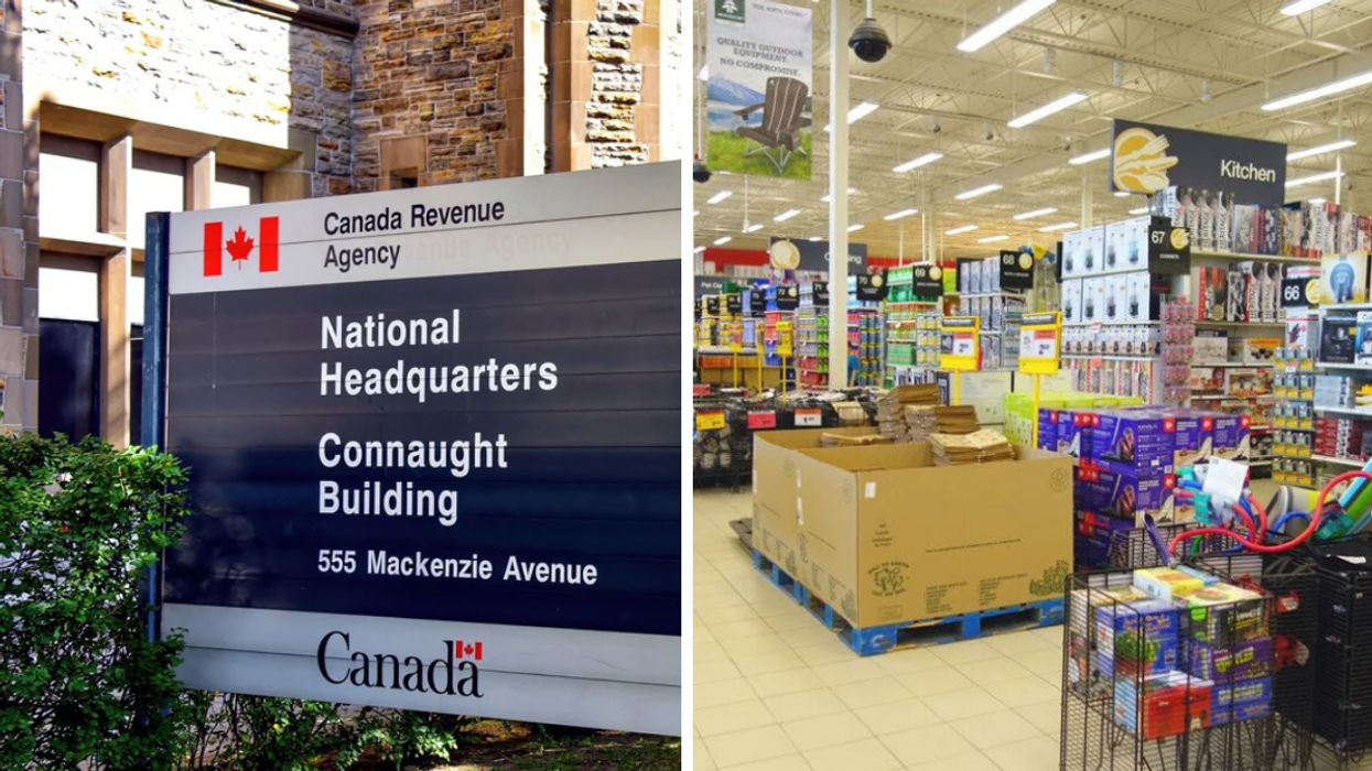 A Canada Revenue Agency headquarters sign. Right: Inside of a store in Canada.