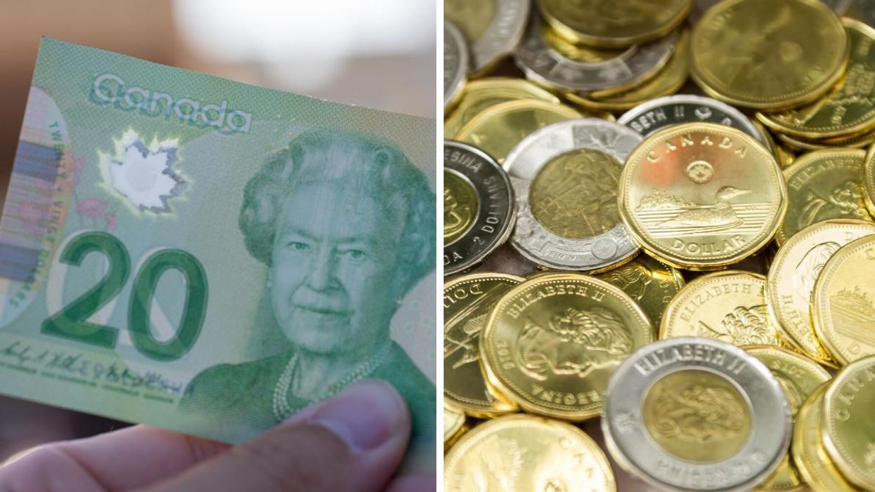 A Canadian $20 bill. Right: A pile of loonies and toonies.
