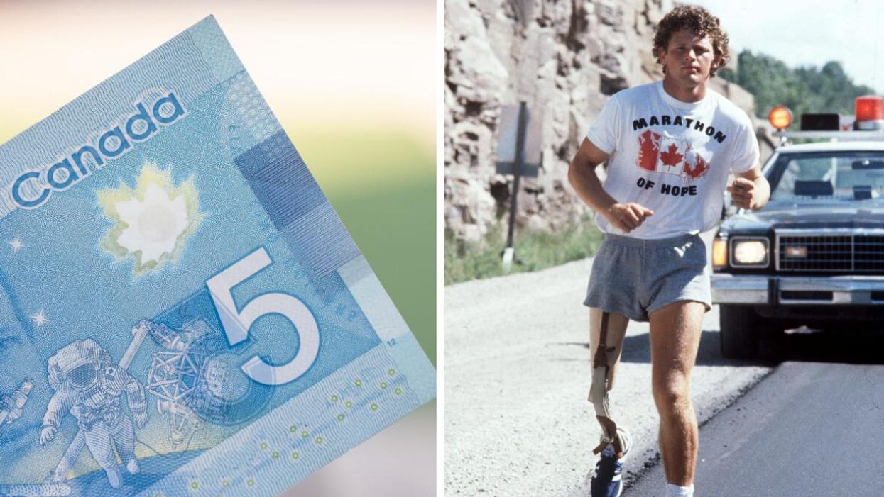 A Canadian $5 bill. Right: Terry Fox.