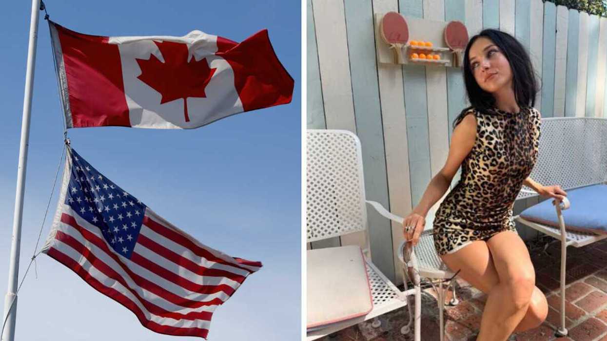 A Canadian and an American flag fly side by side. Right: A woman poses in a sunny backyard.