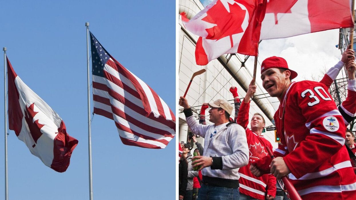 A Canadian and U.S. flag. Right: Canadian hockey fans celebrating.